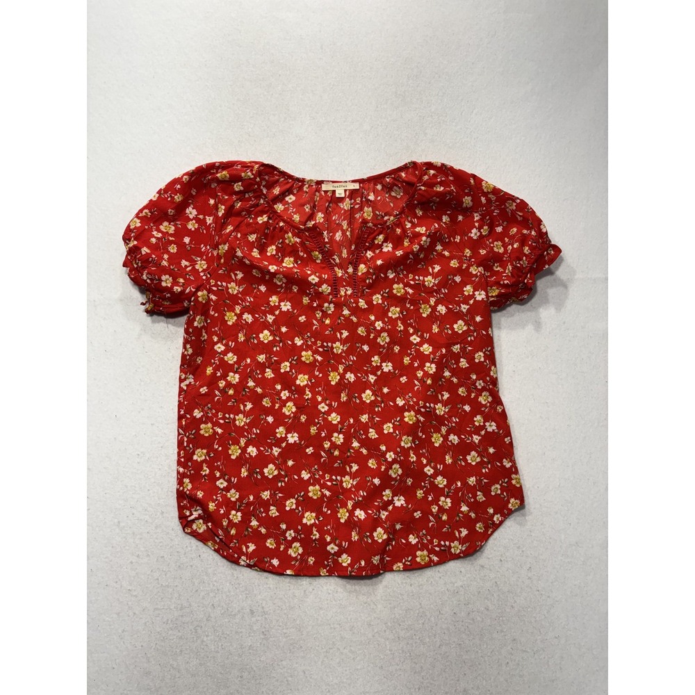 Fun2fun Top Womens S Red Floral V Neck Short Puff Sleeve Blouse FT60094S